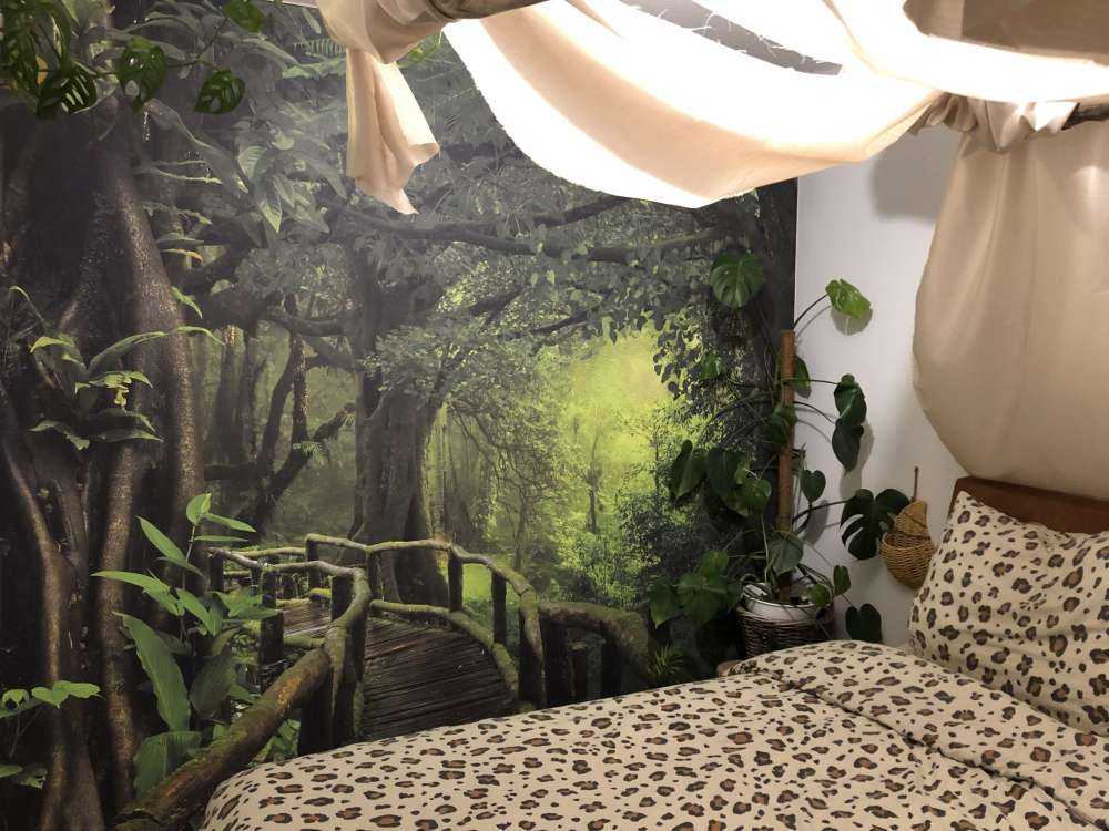 Wooden bridge through a green jungle