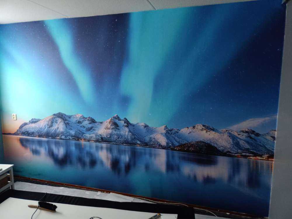 Northern lights over a frozen ocean and mountains