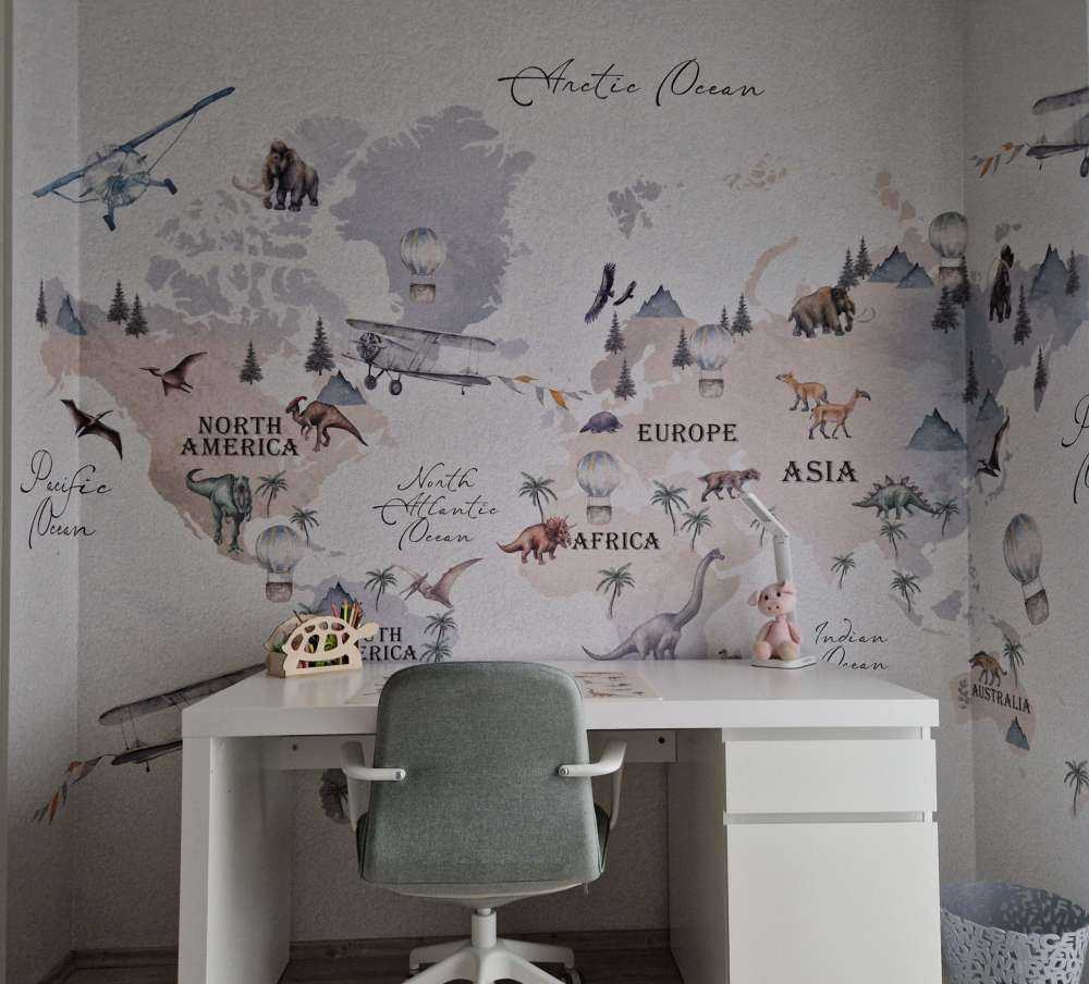 World map with dinosaurs