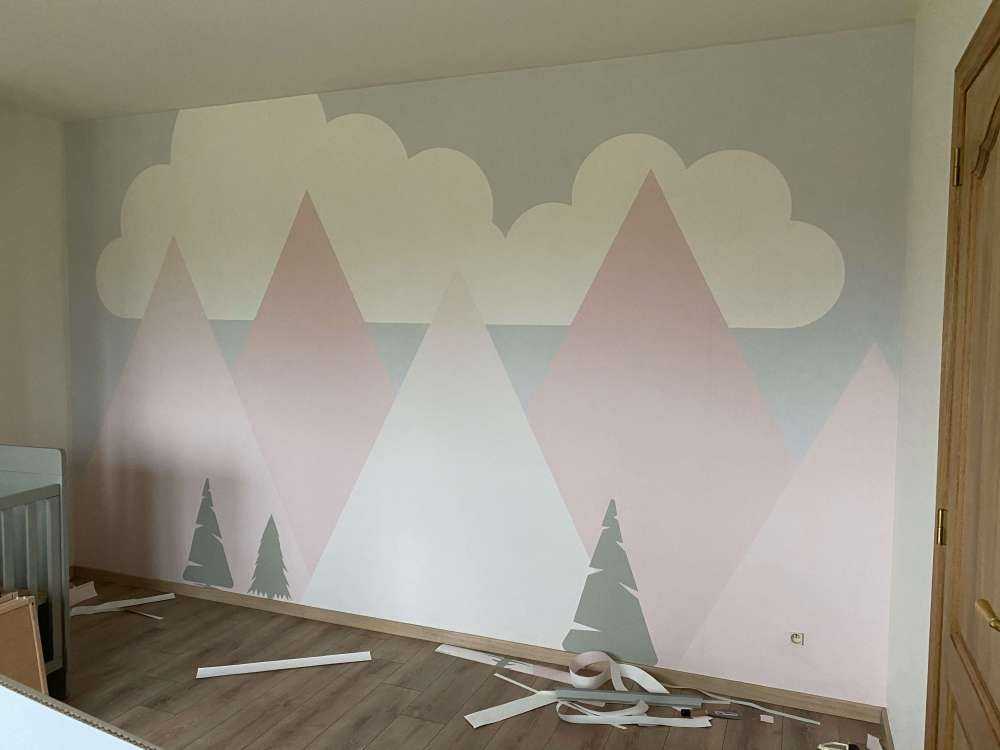 Pink mountains with pine trees