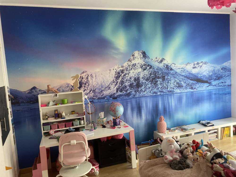 Northern lights over a frozen ocean and mountains