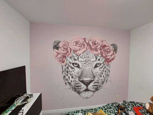 Leopard with pink flowers