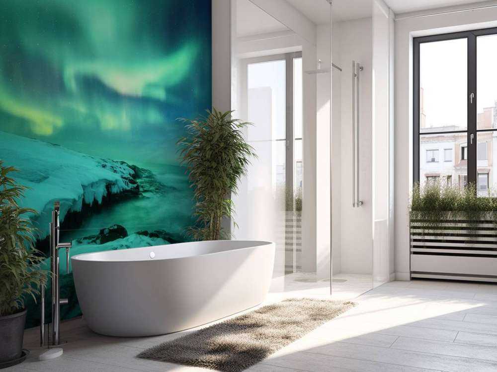 Green northern lights above snowy rocks