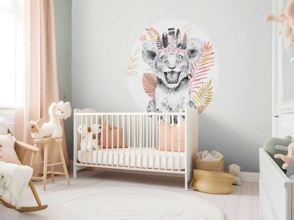 Baby lioness with coral pink and gold leaves