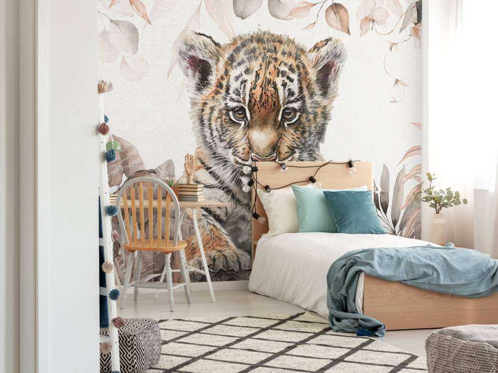 Cute tiger with plants taupe