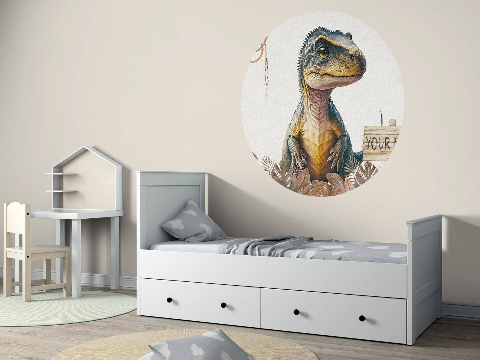 Baby t-rex in the taupe jungle