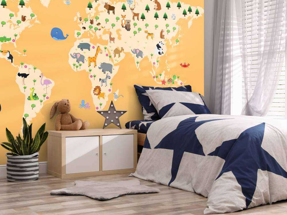 World map for children with yellow background