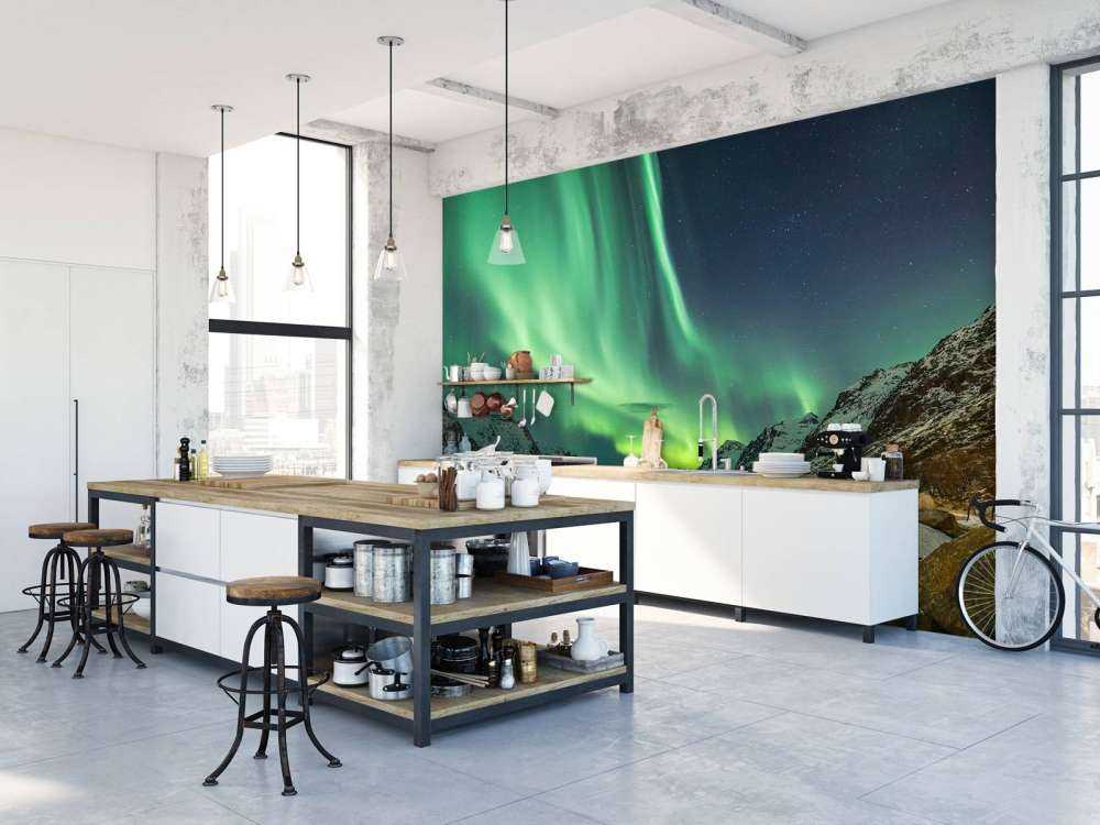 Northern lights between two fjords