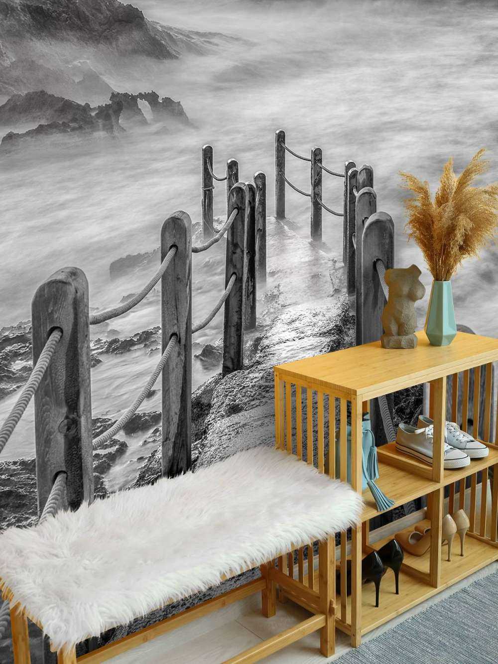 Wooden bridge to fog