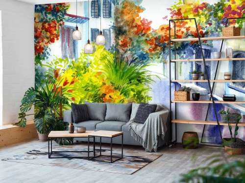 Watercolor flowers and buildings