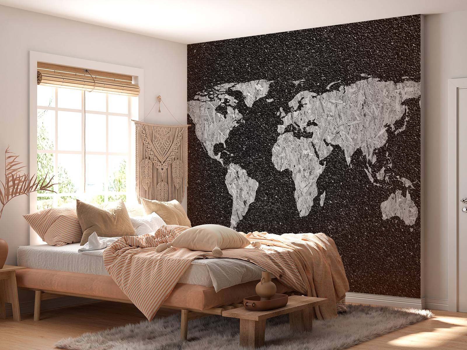 White world map on black background