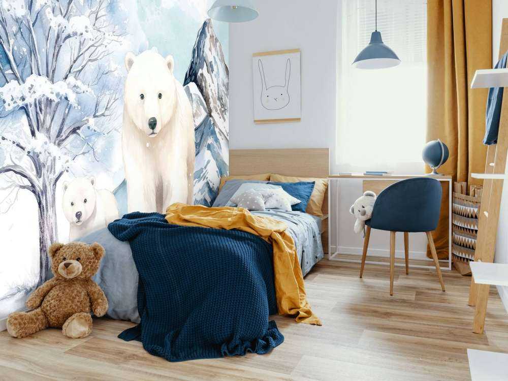 Polar bears in winter mountains