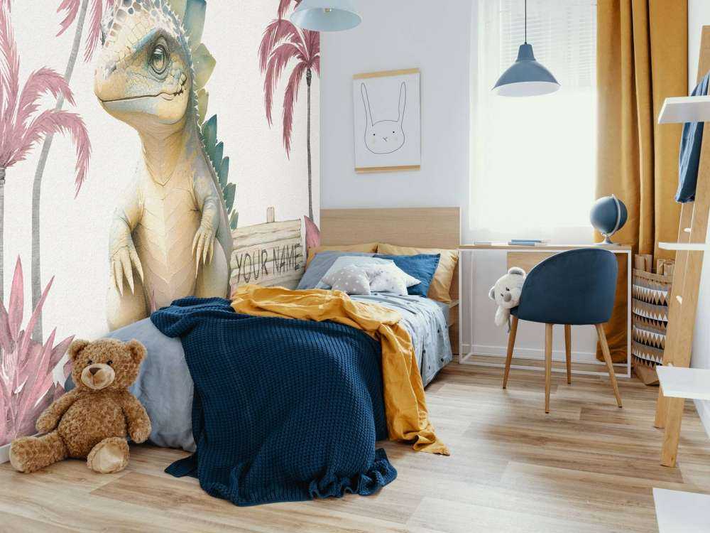 Baby stegosaurus in the pink jungle