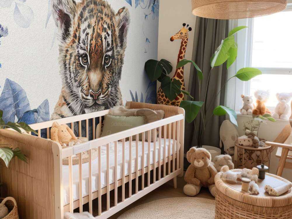 Cute tiger with plants blue