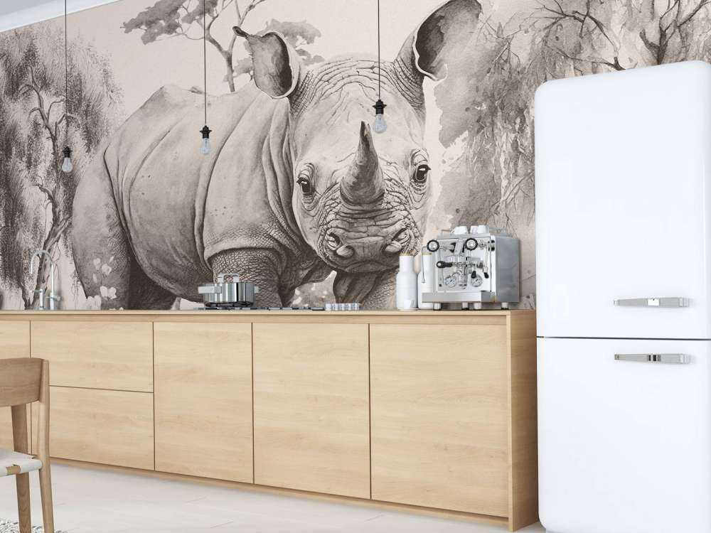 Baby rhino on the savannah beige