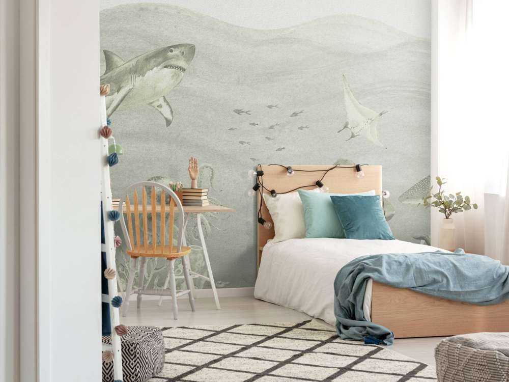 Underwater world with sharks in green