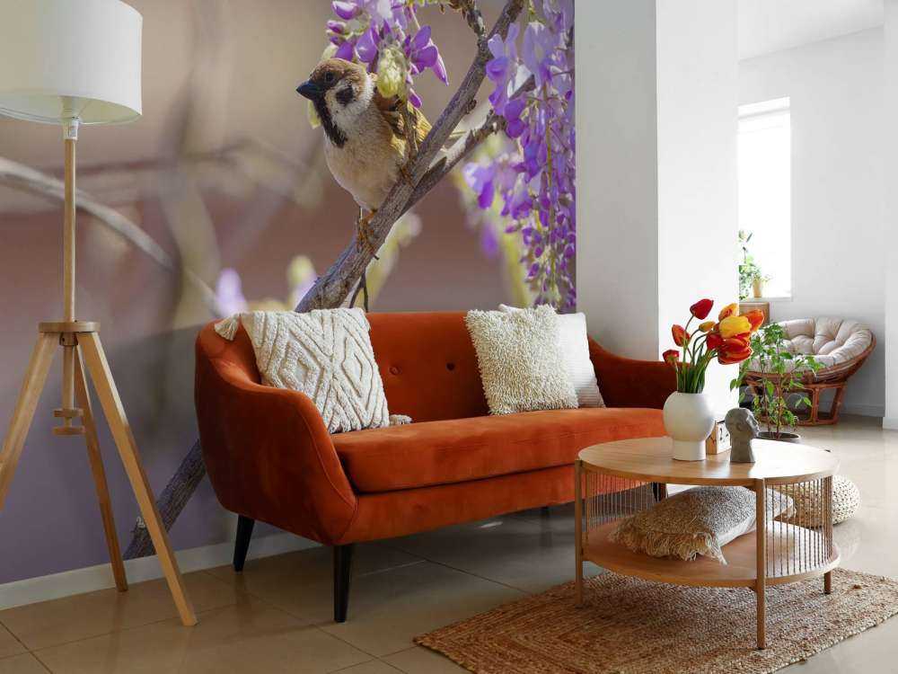 Sparrow and purple flowers