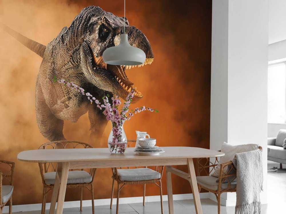 Tyrannosaurus walking through smoke