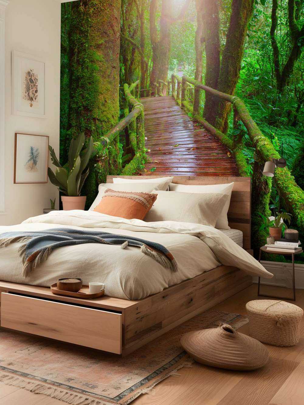 Behang met een houten brug