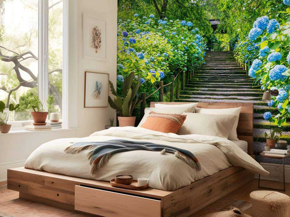 Stairs between hydrangeas