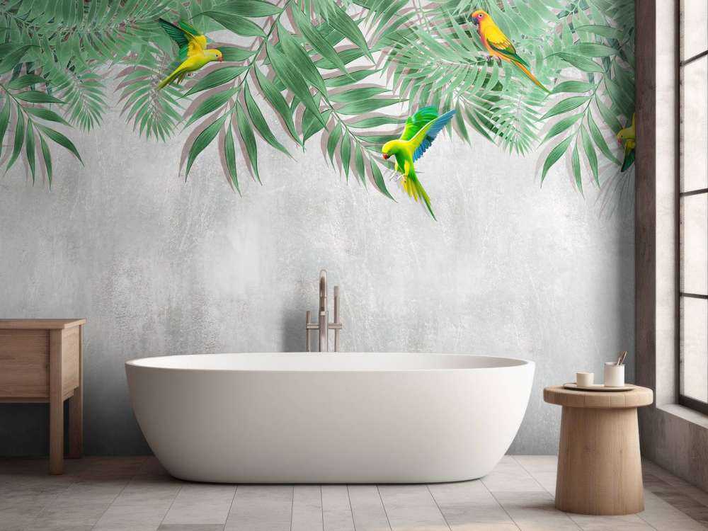 Tropical leaves and parakeets