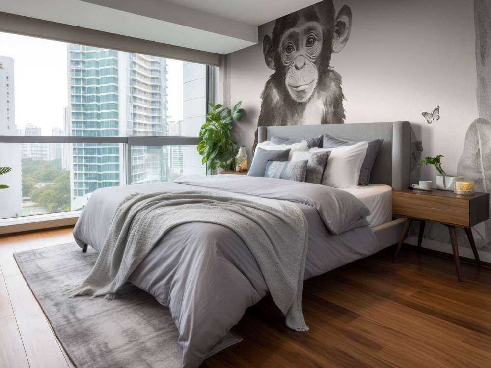 Baby chimpanzee in the jungle beige