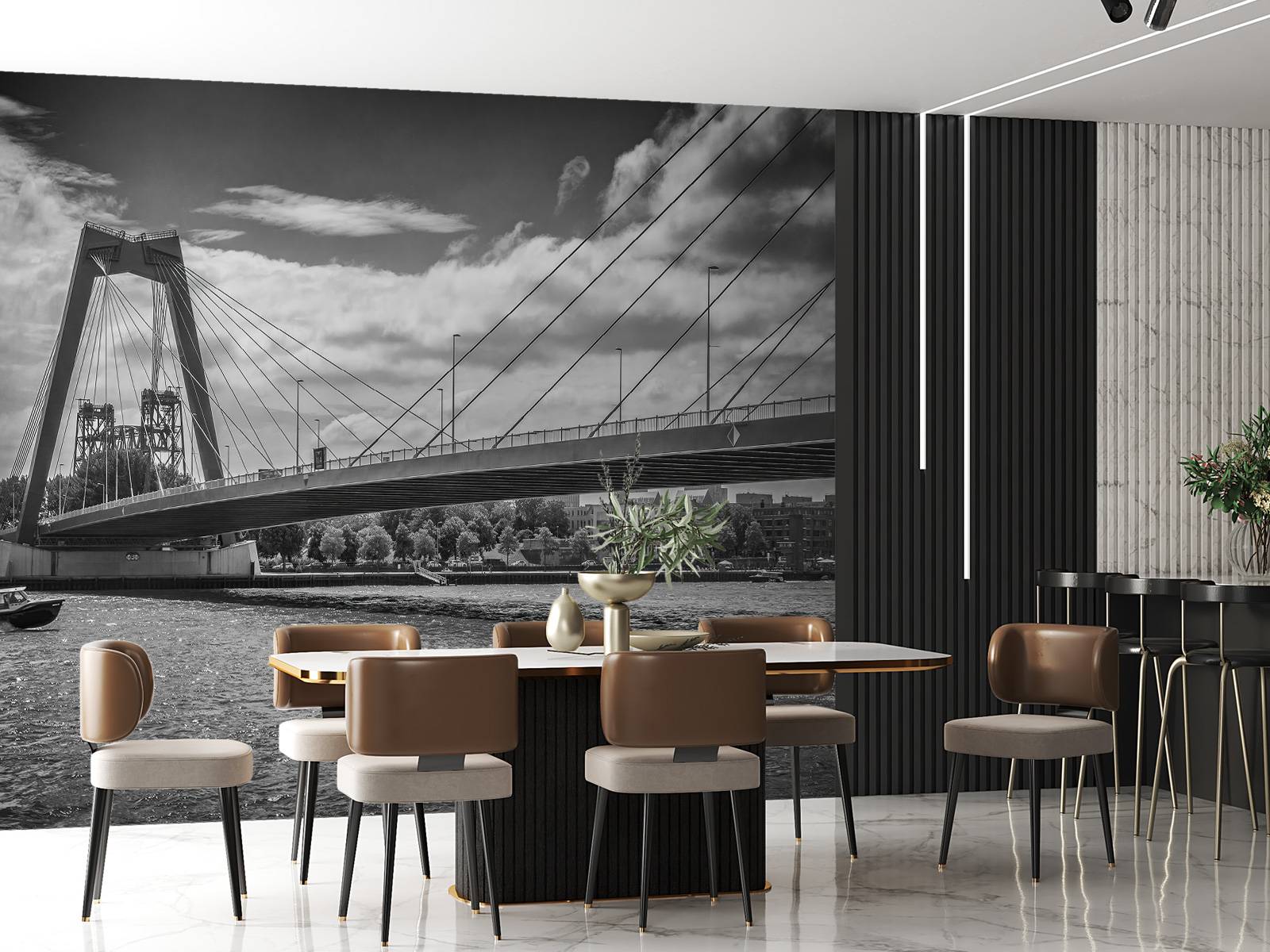 Passing the Prince Willem Alexander Bridge in Rotterdam in black and white  