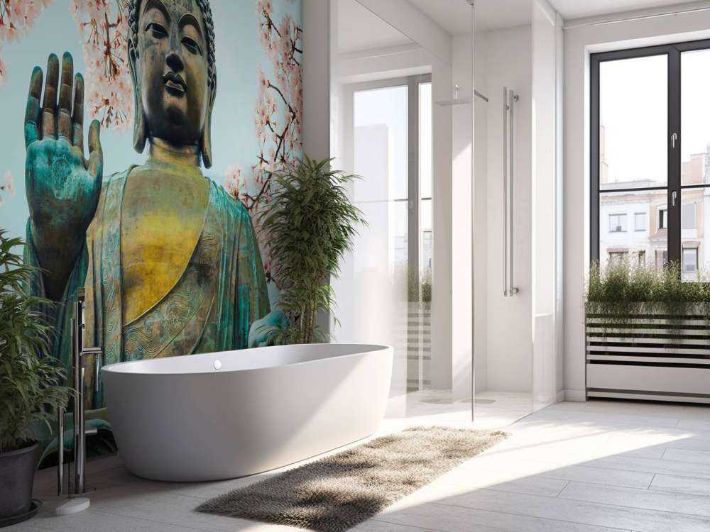 Buddha surrounded with cherry flowers