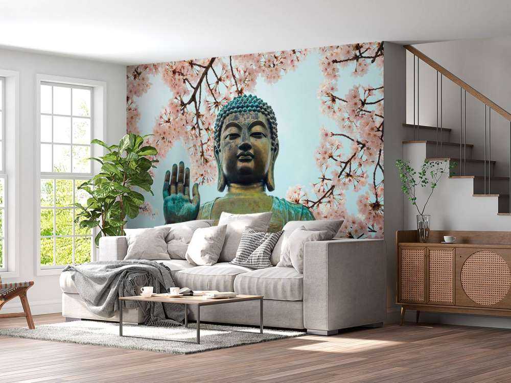 Buddha surrounded with cherry flowers