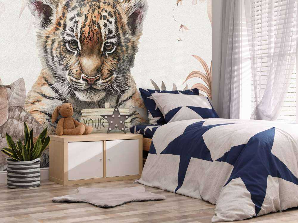 Cute tiger with plants taupe