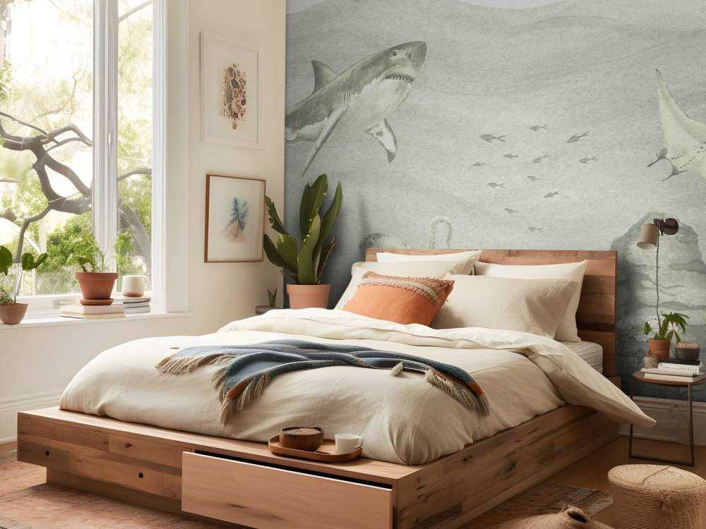 Underwater world with sharks in green