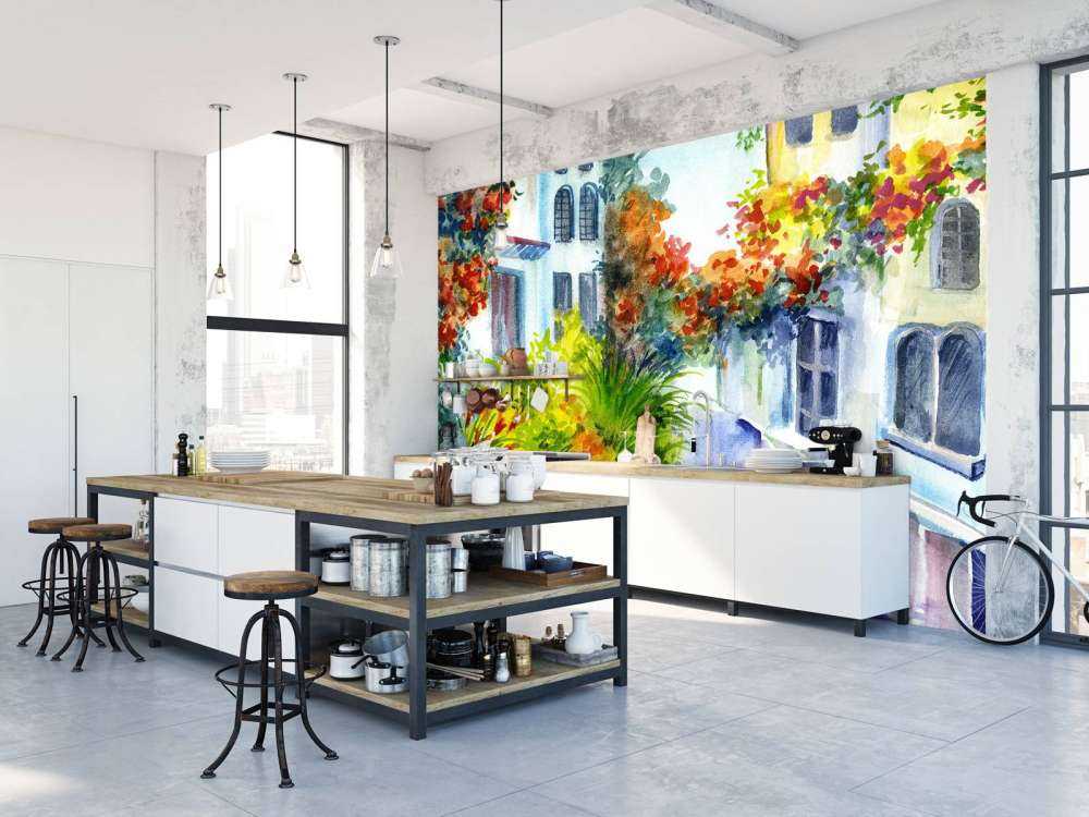 Watercolor flowers and buildings