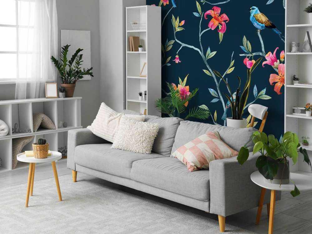 Tropical flowers and birds