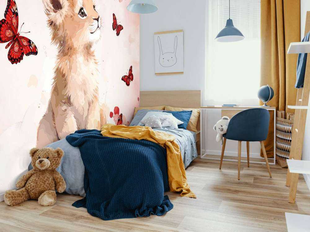 Dreamy lion cub and butterflies