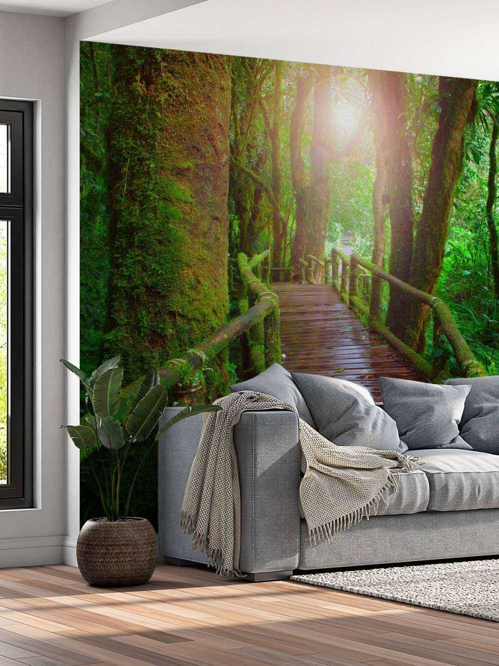 Behang met een houten brug