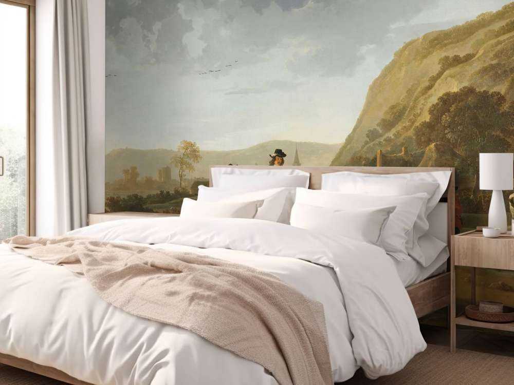 River landscape with horsemen