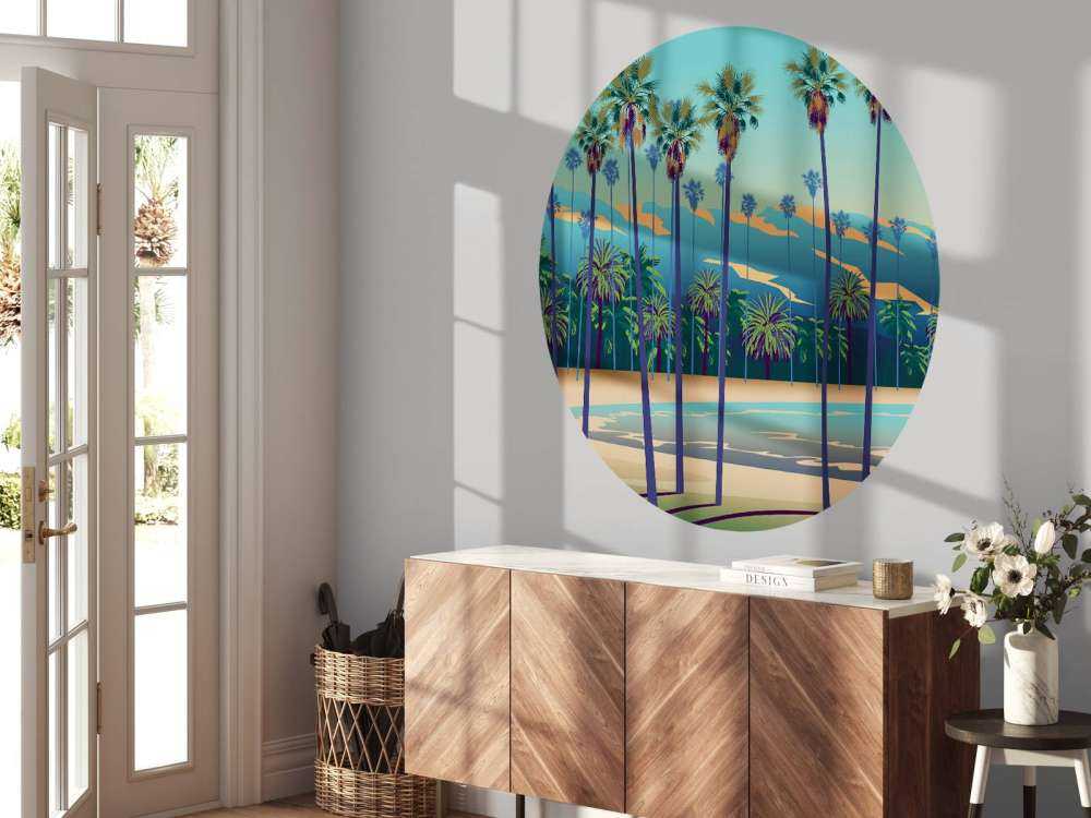 Drawn lake with palm trees