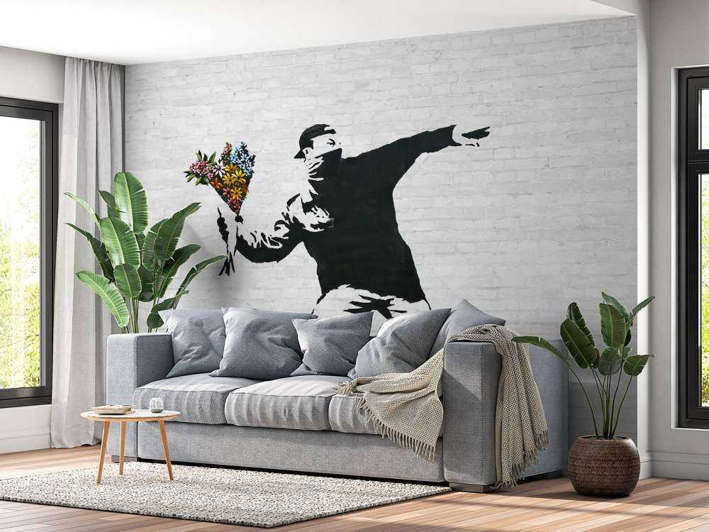 Banksy - Flower thrower, white bricks