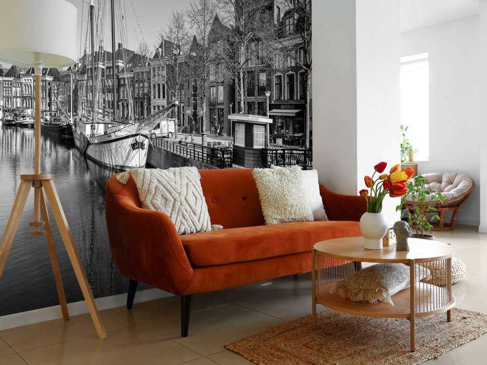 Historical ship located in the river A in Groningen In black and white 