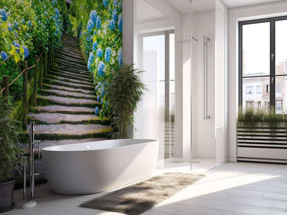 Stairs between hydrangeas