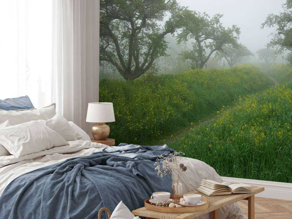 Pad door heuvels met gele bloemen