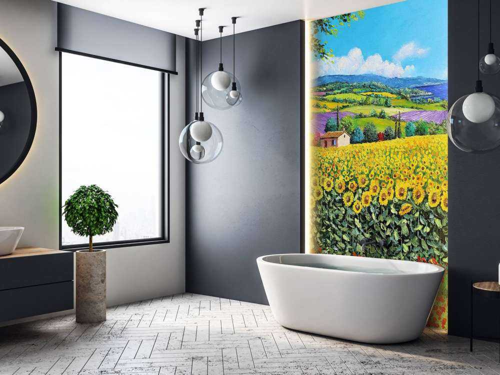 sunflowers, lavender, and sea