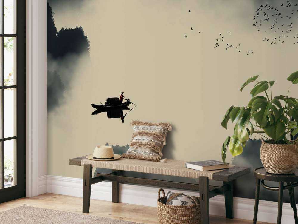 Bootje in mistig landschap