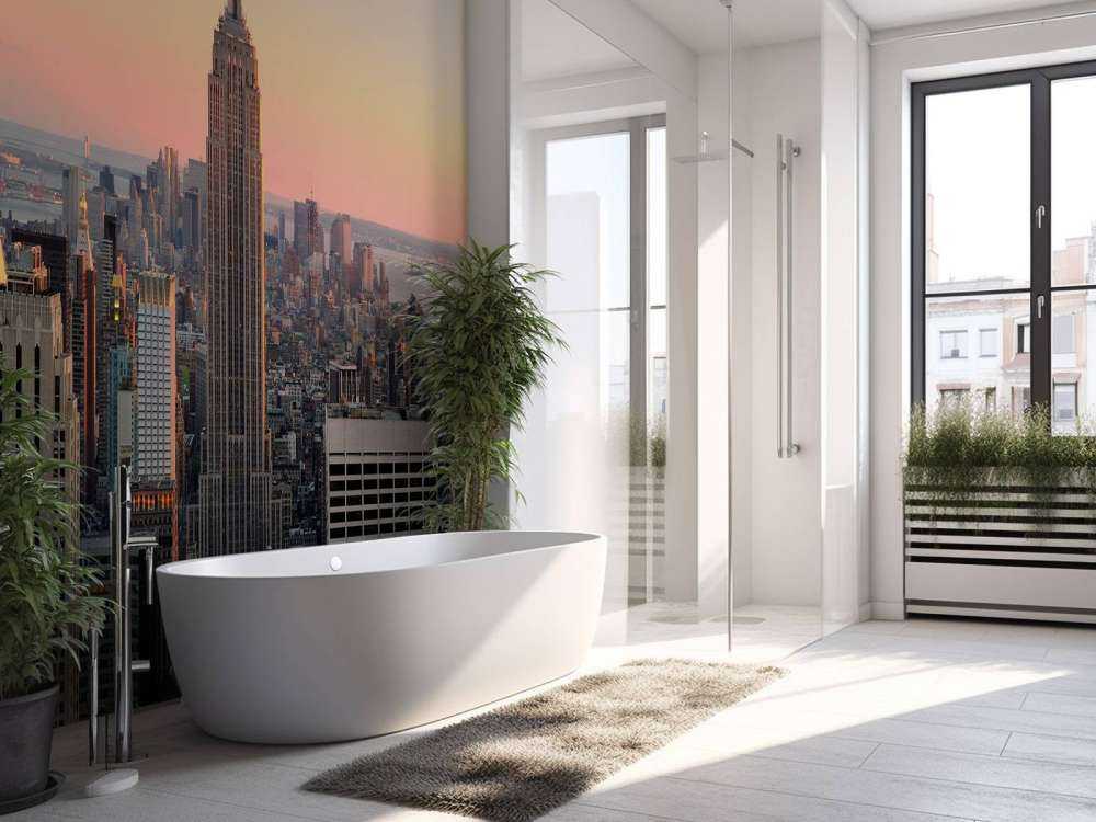 De Skyline van New York bij zonsondergang