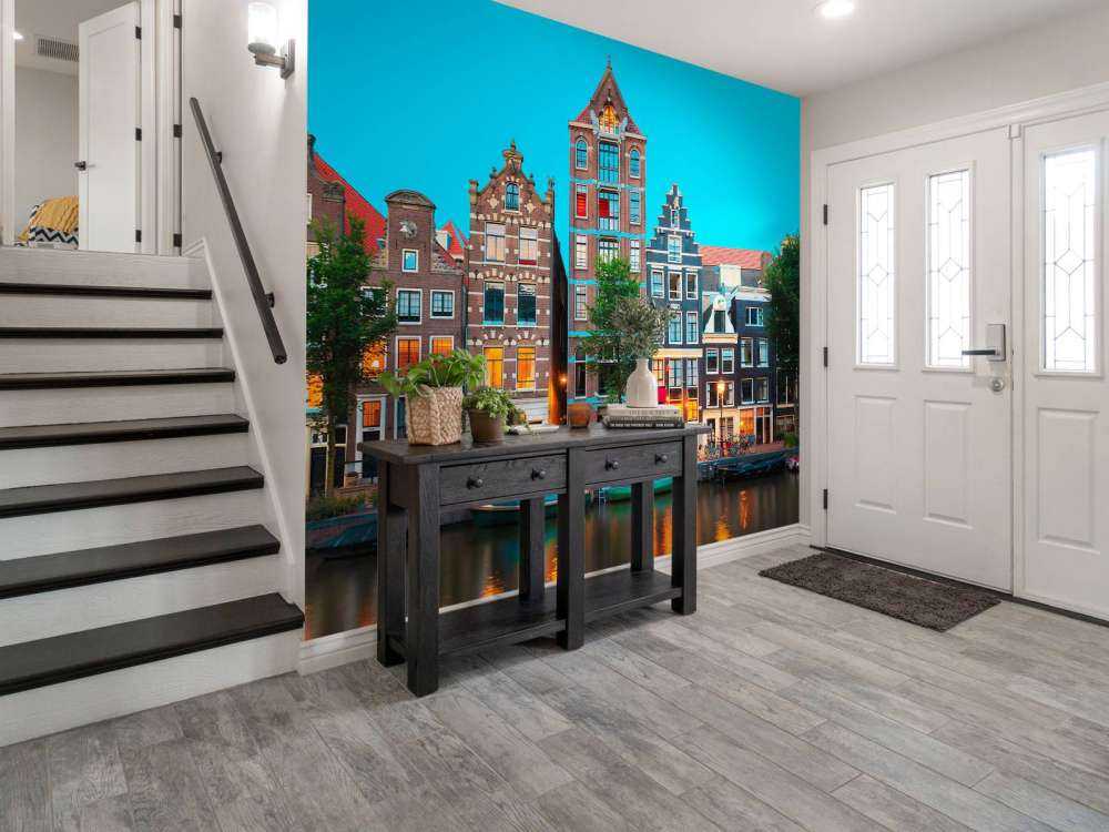 Amsterdamse grachtenpanden in de avond