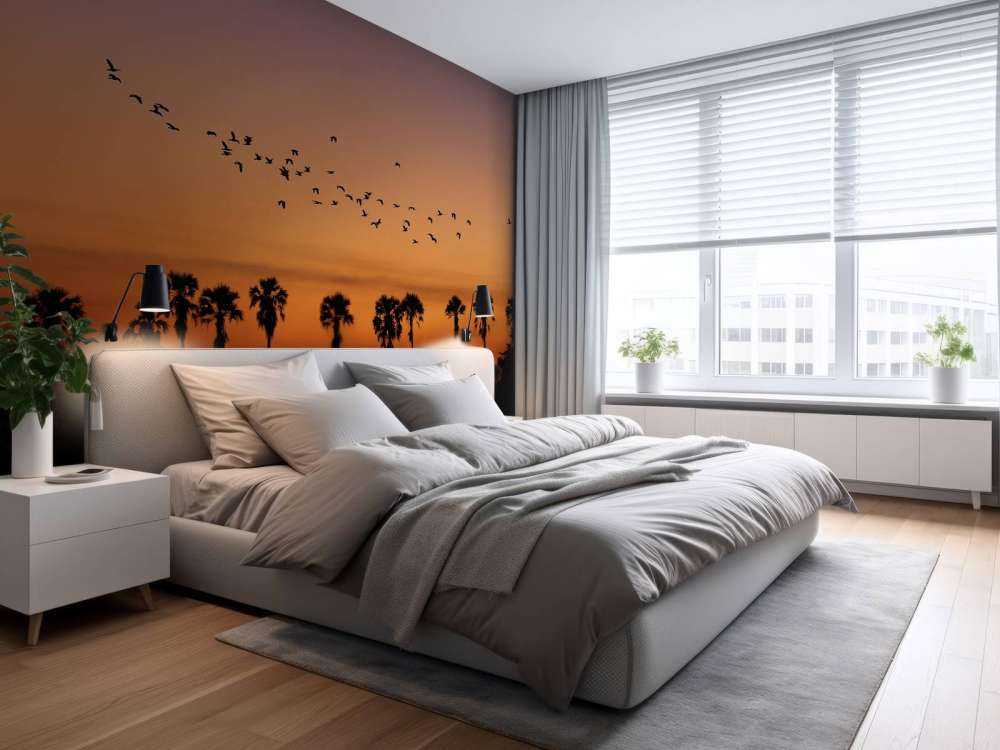 Palm trees with group of birds