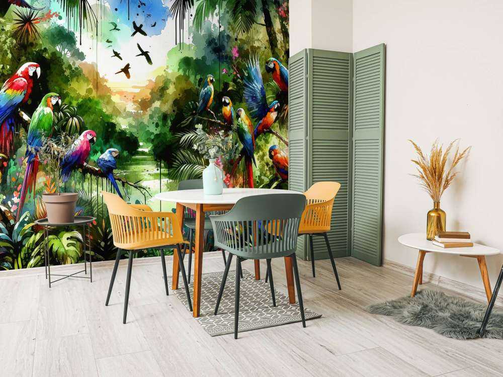 Watercolor Tropical Birds In The Jungle