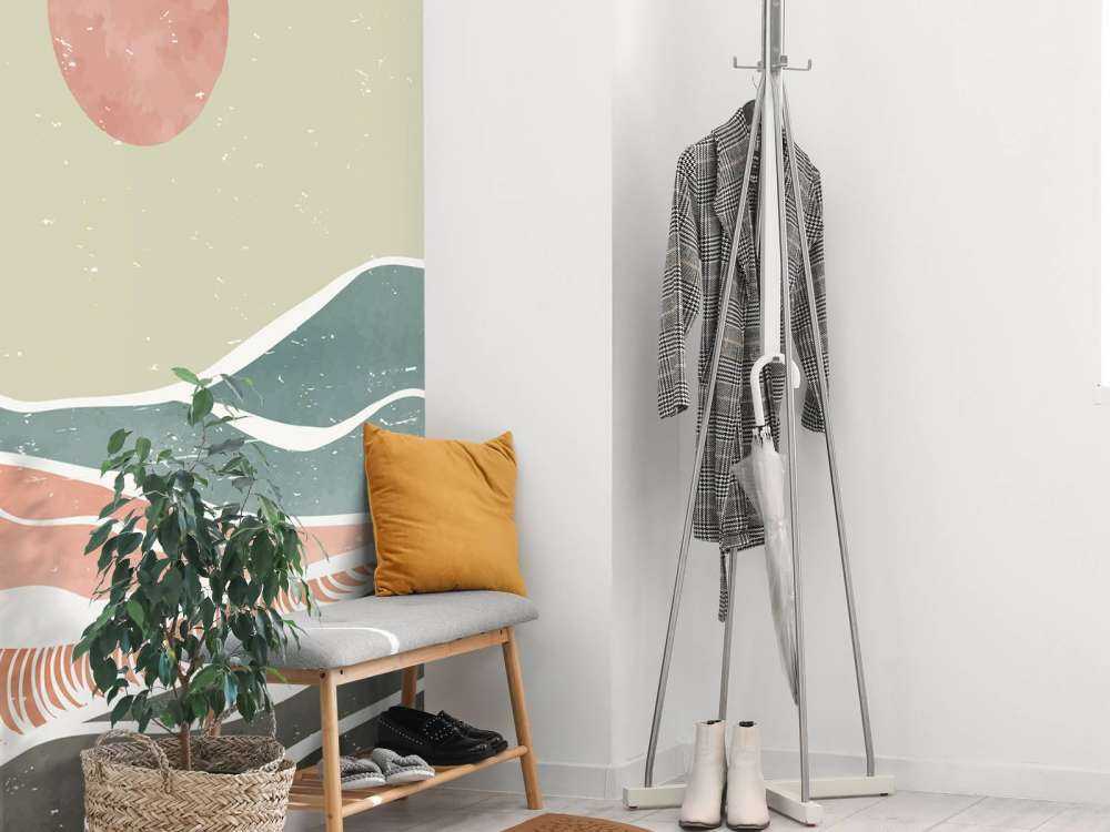 Colored ocean waves with a red moon