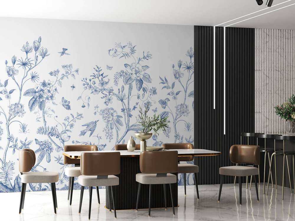 Floral illustration, blue and white