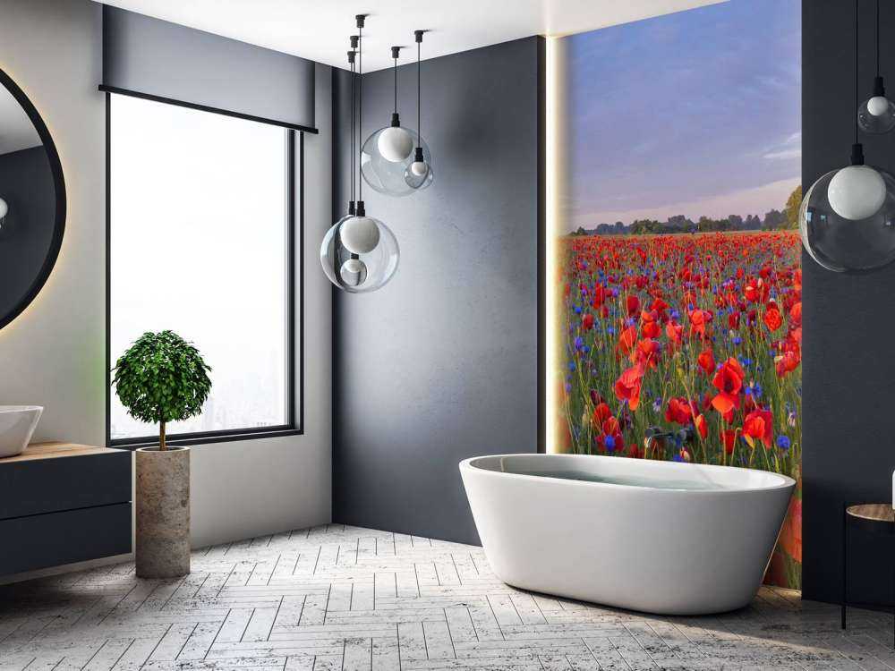 Blue flowers and red Poppies